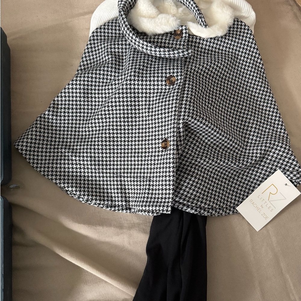 Rachel Zoe Black and White Houndstooth Cape with Faux Fur